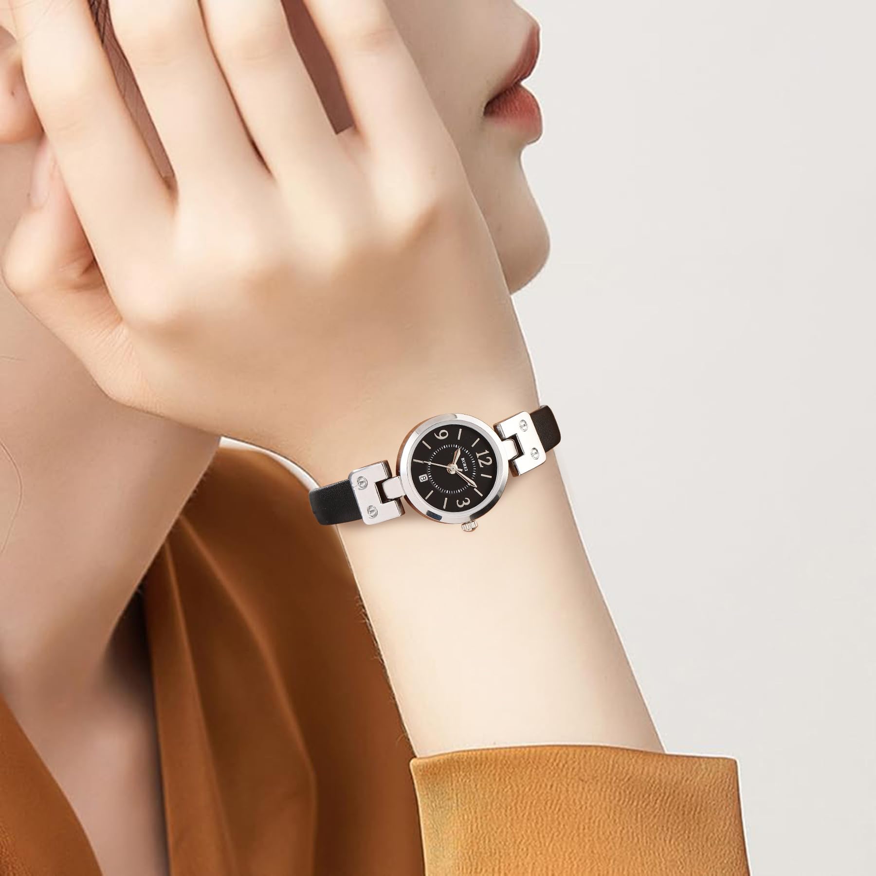 BUREI Orologio al quarzo da donna, 25 mm, quadrante piccolo ed elegante con cinturino in pelle, minimalista, leggero, casual, regalo per la festa della mamma, nero-argento-nero-argento, Casual Nicchia