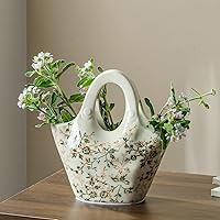 Vista 18 de Jarrón de cerámica verde y blanco con asa, florero rústico para decoración de hogar estilo “chinoiserie”, “grandmillenial” y toscano, jarrón