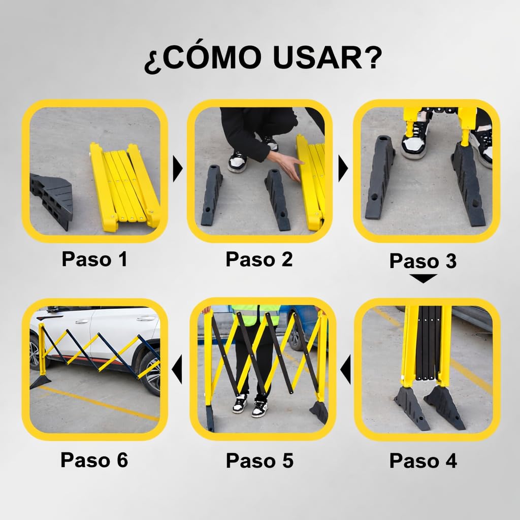 Barricadas extensibles de 260 cm, color amarillo y negro, con puerta larga de metal, retráctil, para tránsito y tráfico retráctil (2 unidades)