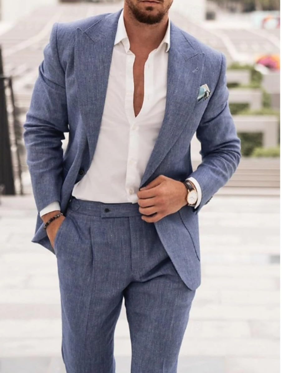 Conjunto de traje de lino para hombre, esmoquin casual, 2 piezas, blazer de ajuste regular, chaqueta y pantalones sólidos con un botón, para graduación, boda, fiesta