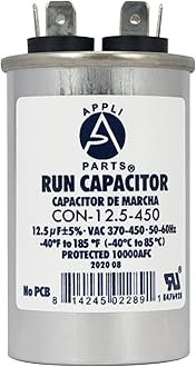 Appli Parts Run Capacitor for ac 12.5 Mfd uF (microfarads) 370 VAC or 450 VAC CBB65 Round Universal fit for hvac and other applications 3 in High 1-1/2 in Wide CON-12.5-450