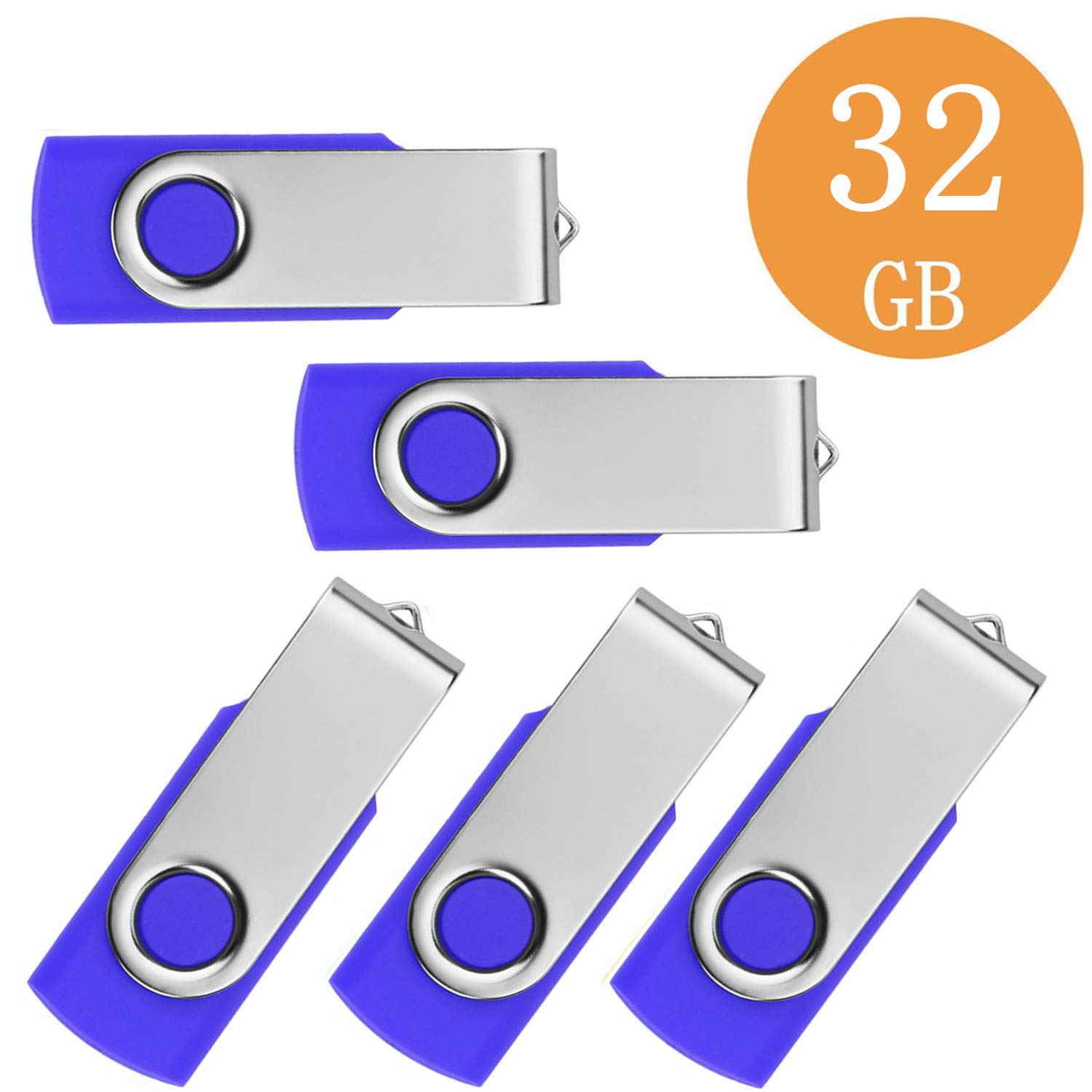 Memory Stick 5 Pack 32GB USB 2.0 Swivel Design Flash Drives Thumb Drive Pen Drive(32GB Blue)