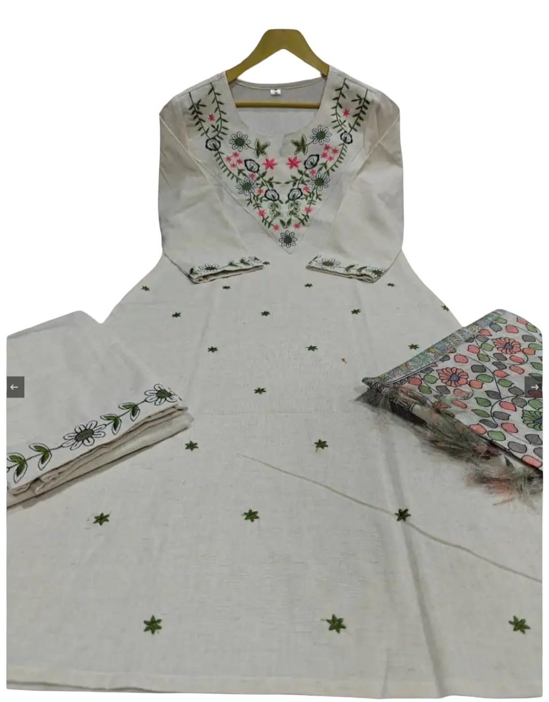 Women's Printed Kurta Pant Dupatta Set, Cotton Blend, Off-White with Floral Embroidery, 3 Piece Ethnic Wear