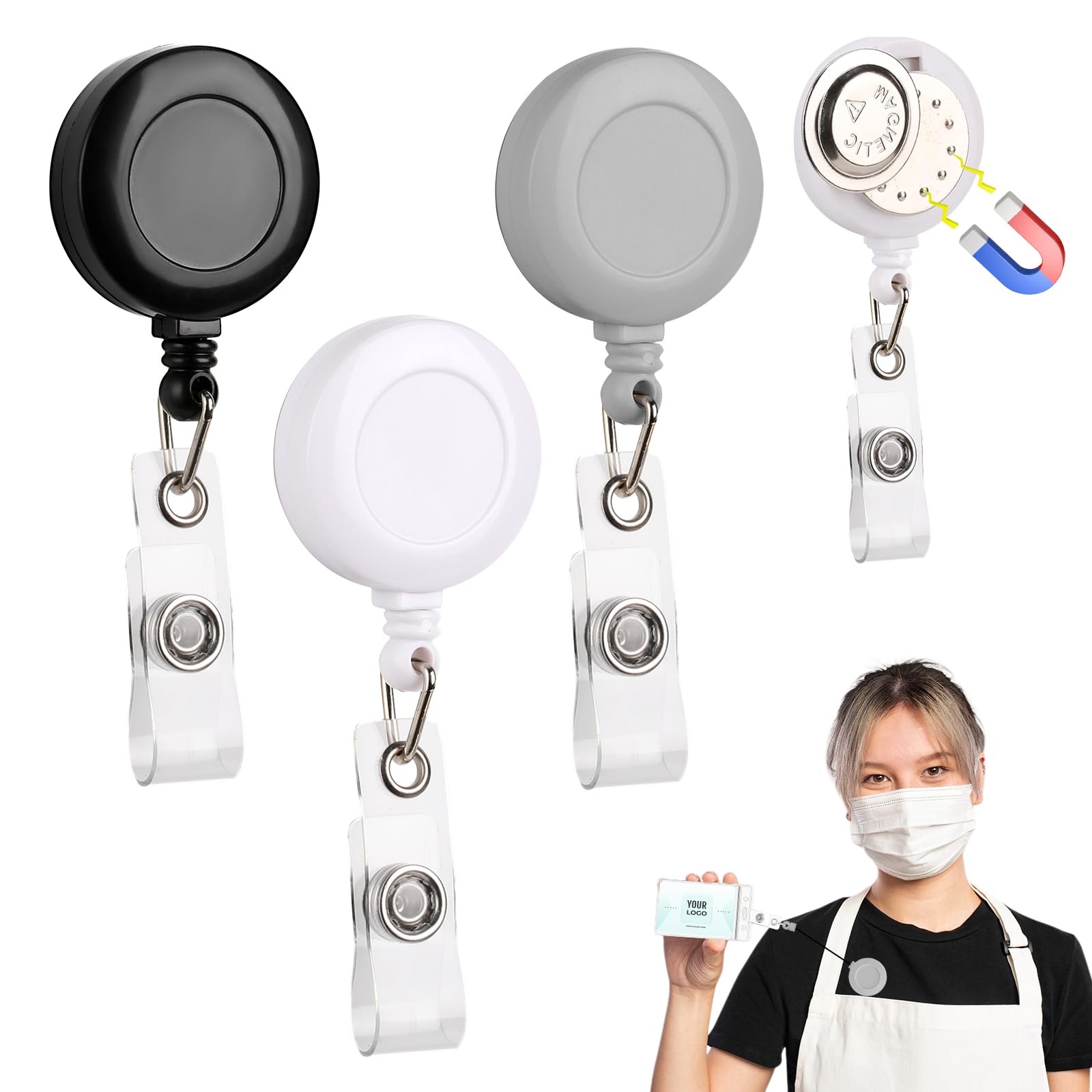 3 Pack Magnetic Badge Reel Retractable Badge Holder 1.26" Plastic Black Name Badge Name Tag Badge Holder Retractable Clip Nurse Badge Reel Cute with