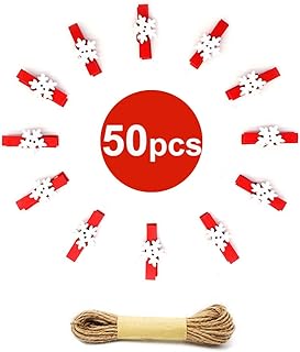 50PCS Christmas Wooden Clothespins, Mini Snowflake Photo Clips, Mini Wooden Pegs with 10 Meters Jute Twine for Hanging Chr...