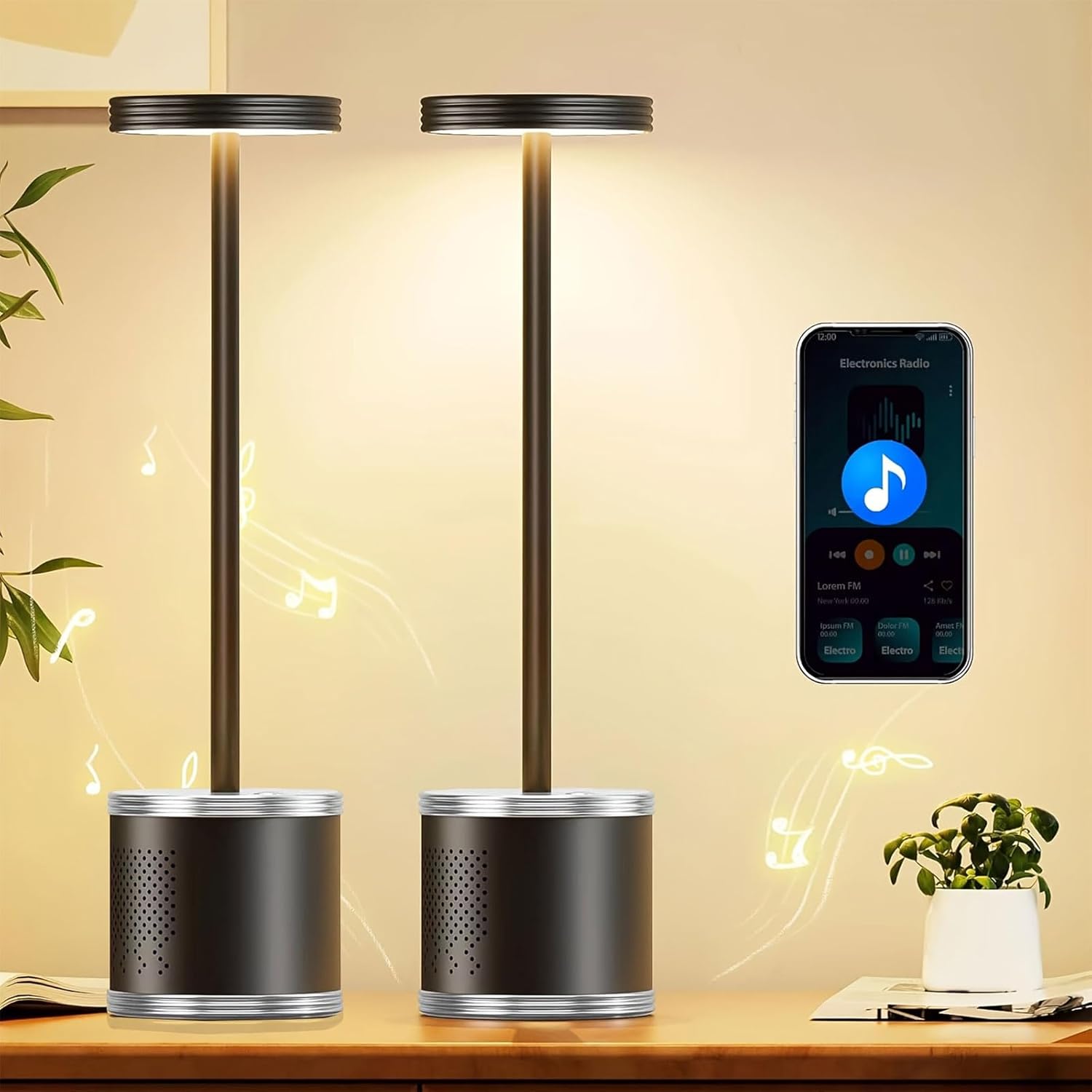 Black LED Cordless Table Lamp Set of 2, Rechargeable Wireless Lamps with Speaker, 3 Color Dimming Desk Lamp for Bedside, Room, Office, Restaurant, Bar, Night
