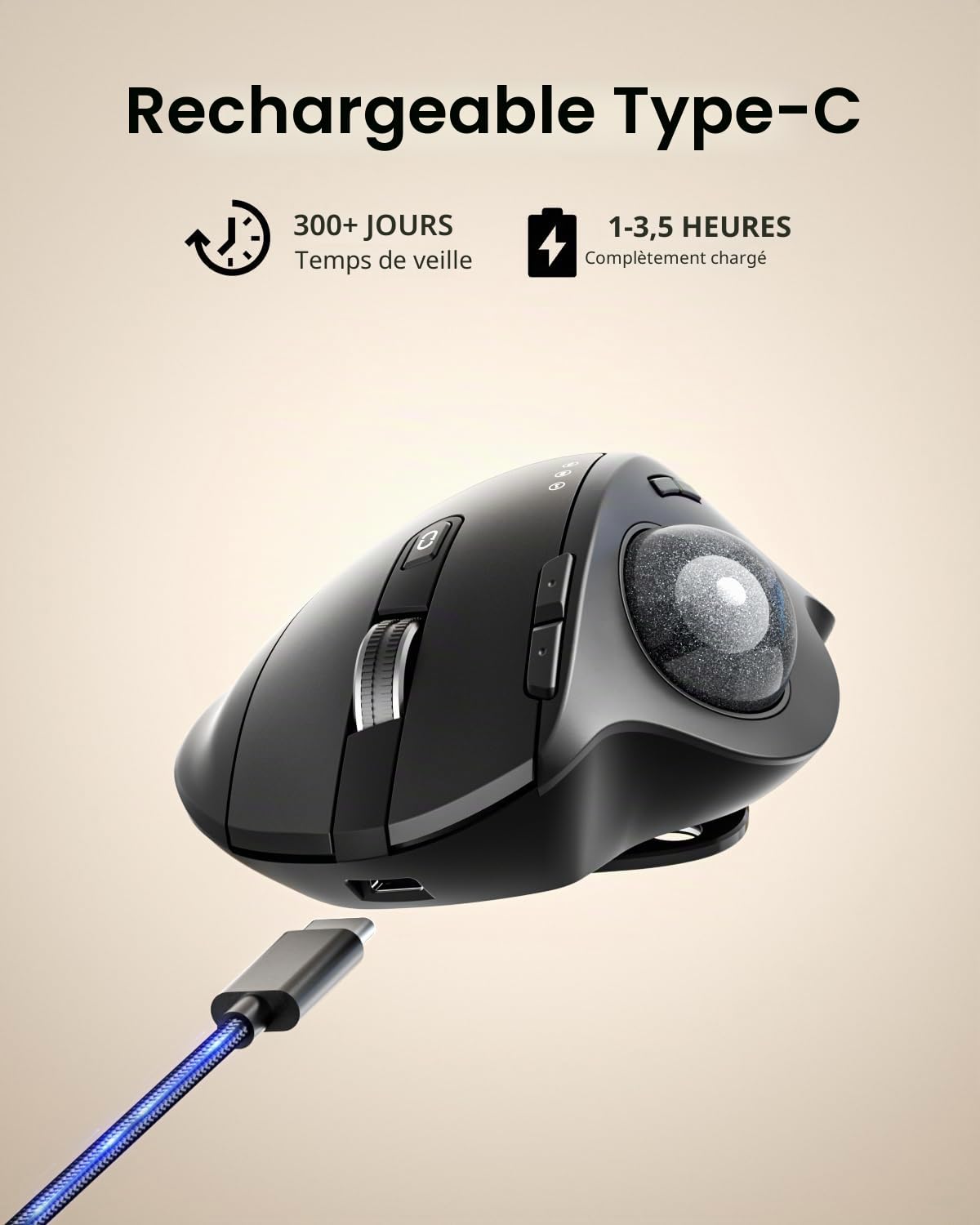 ProtoArc EM01 NL Souris Trackball sans Fil Ergonomique, 0/20°Angle Réglable