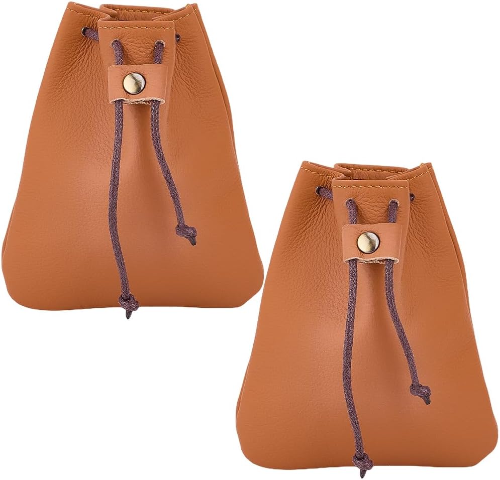Beebeecraft 2Pcs Drawstring Leather Coin Pouches, 4.7x3.9in Cowhide Leather Pouch Sandy Brown Waterproof Medieval Money Bags Dice Purse Wallet Change Storage Organizer for Jewellery Women Mens Gift