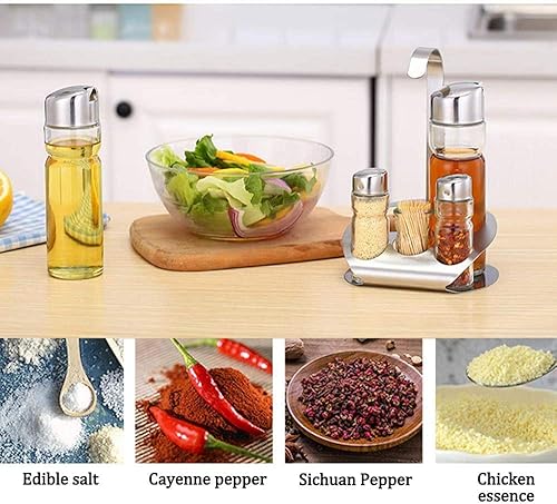 Miniatura 6 de Juego de 5 piezas de vinagre de acero inoxidable, soporte de vinagre de aceite de sal y pimienta con caja de palillos de dientes, dispensador de