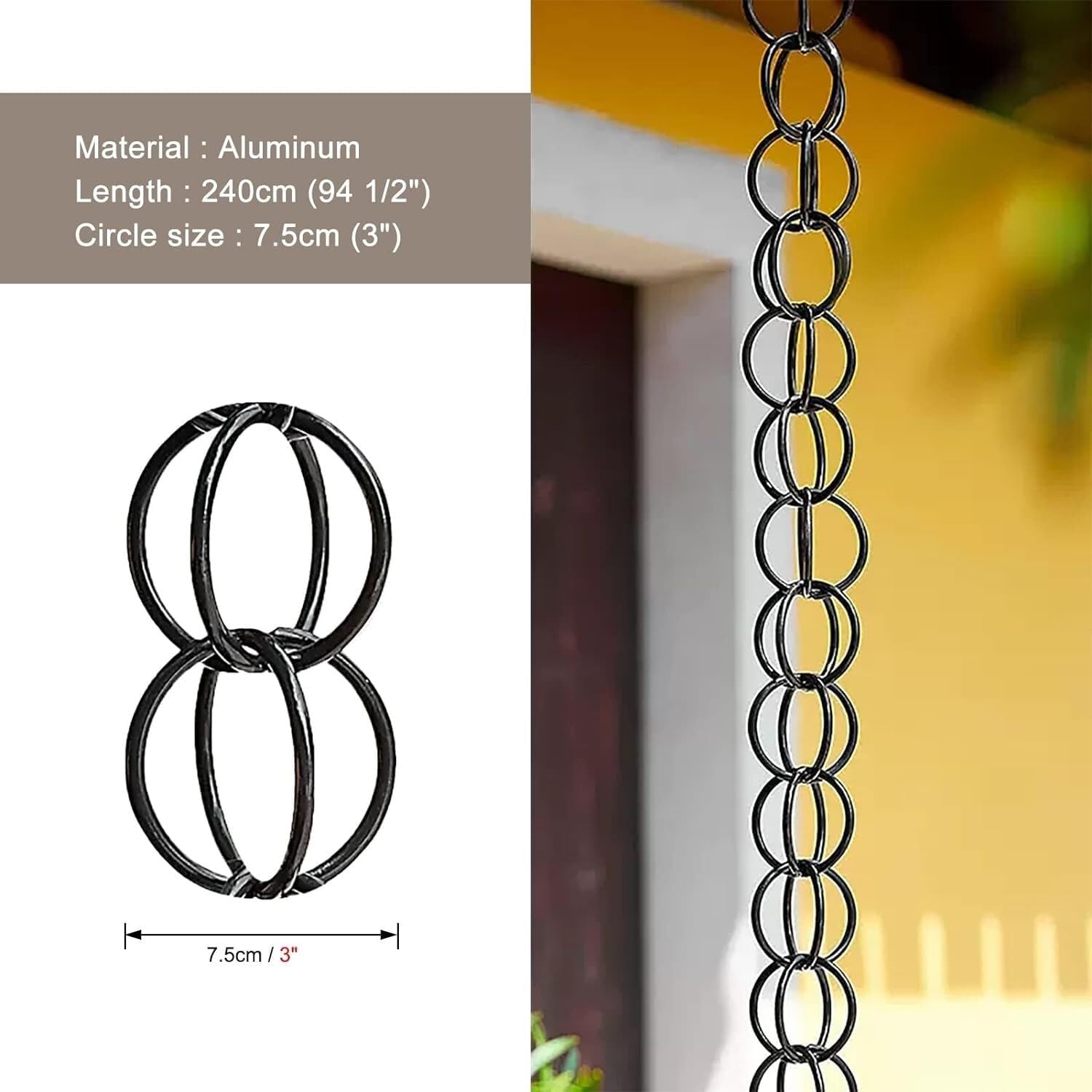 Gutter Downpipe, Functional and Decorative Ring Rain Chain,Aluminium Patio Garden Rainwater Harvesting Chain for Home Villa(240cm (8ft))