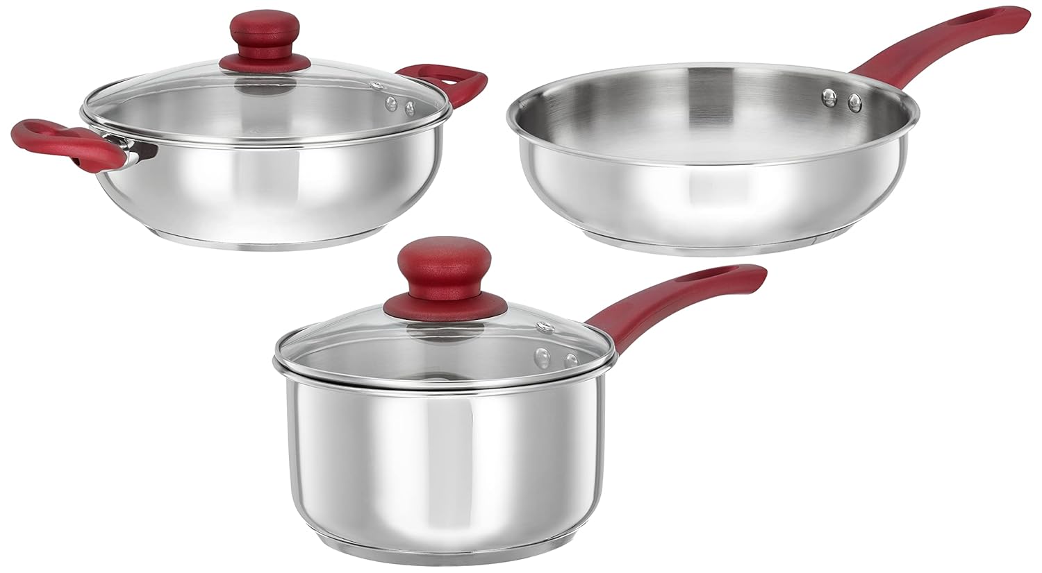 Amazon Brand – Solimo Stainless Steel Heavy Bottom 3 Piece Cookware Set|Three Layer Impact Forged Bottom for Durability|Premium Look with Soft Touch Handles and Knob, 2200 Milliliter, Silver Amazon Brand – Solimo Stainless Steel Heavy Bottom 3 Piece Cookware Set|Three Layer Impact Forged Bottom for Durability|Premium Look with Soft Touch Handles and Knob, 2200 Milliliter, Silver