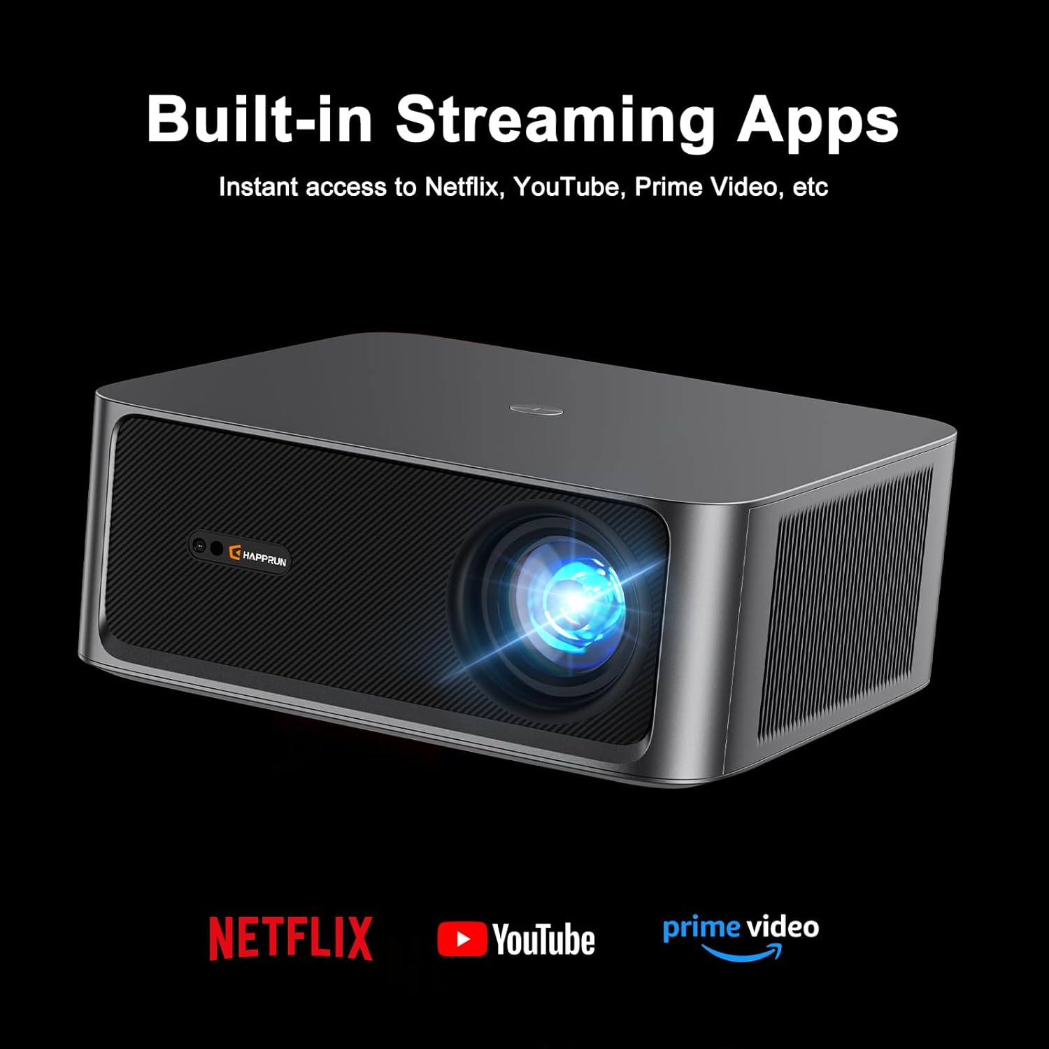 HAPPRUN 2500 ANSI Lumens Outdoor Projector with Built-in Streaming Apps, 4K Decoding Resolution, Dolby Audio, WiFi 6 and Bluetooth 5.2 for Indoor and Outdoor Home Theater