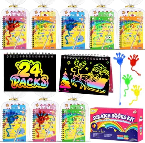 JMMICO 24 Pack Scratch Art Notebook+Sticky Hands+Stickers,Party Favors for Kids 4-8-12,Scratch Art Birthday Bulk Toys,Christmas Goodie Bags Stuffers,Stocking Stuffers,Classroom Prizes Students Gifts