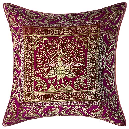Image of Decorative Brocade Cushion Covers 16 Inch x 16 Inch Banarasi Jacquard Magenta & Gold Living Room Decor Peacock Traditional Square 40x40 cm Zippered Sofa Settee Pillowcases -Set of 5 Pcs