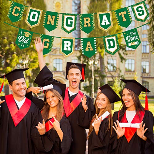 Image of 2025 Green Graduation Banner - No DIY Required Graduation Party Supplies Decorations Grad Banner for College, High School Party (Green Gold Congrats Grad)