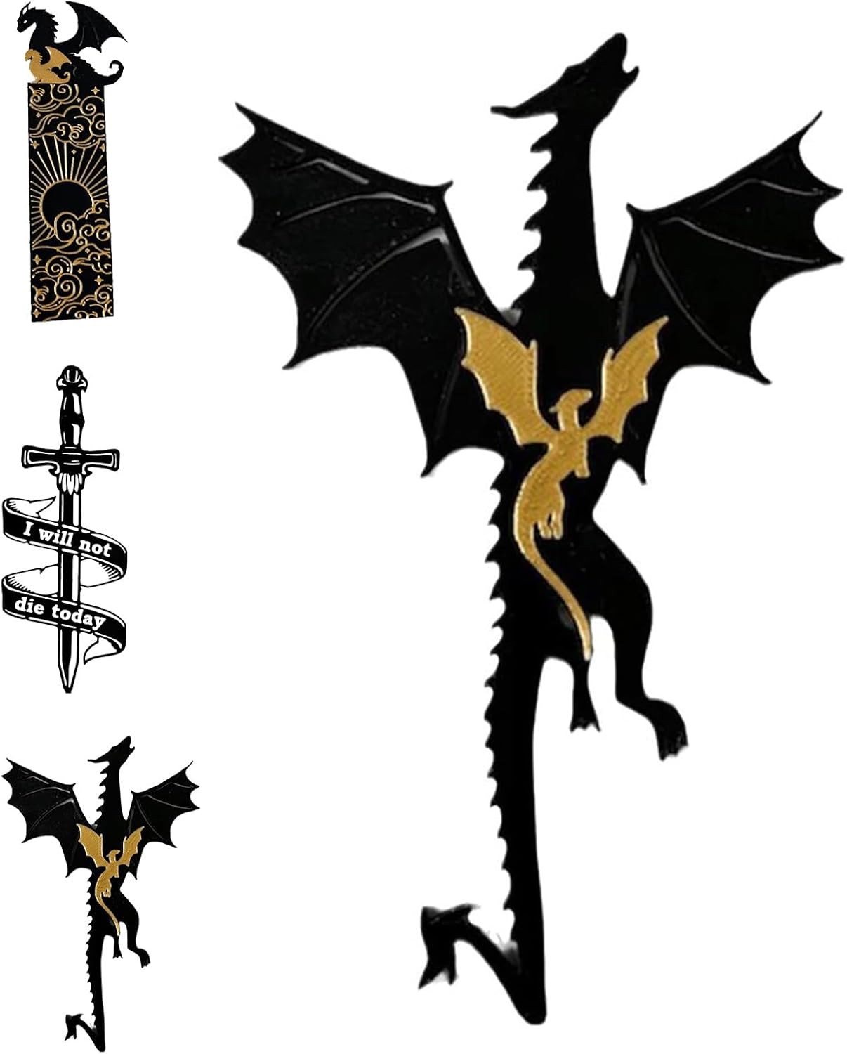 Dragon Bookmark, Black and Gold Dragons with Sun and Clouds