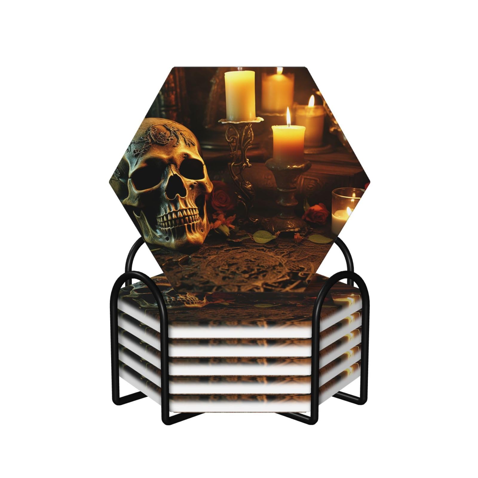 6Pcs Ceramics Coaster for Drinks, Candles and Scary Skull Cup Coasters with Holder, Aesthetic Drink Coasters for Coffee Table, Absorbent Round Coaster for Tabletop Protection 4" Cup Mat Pad
