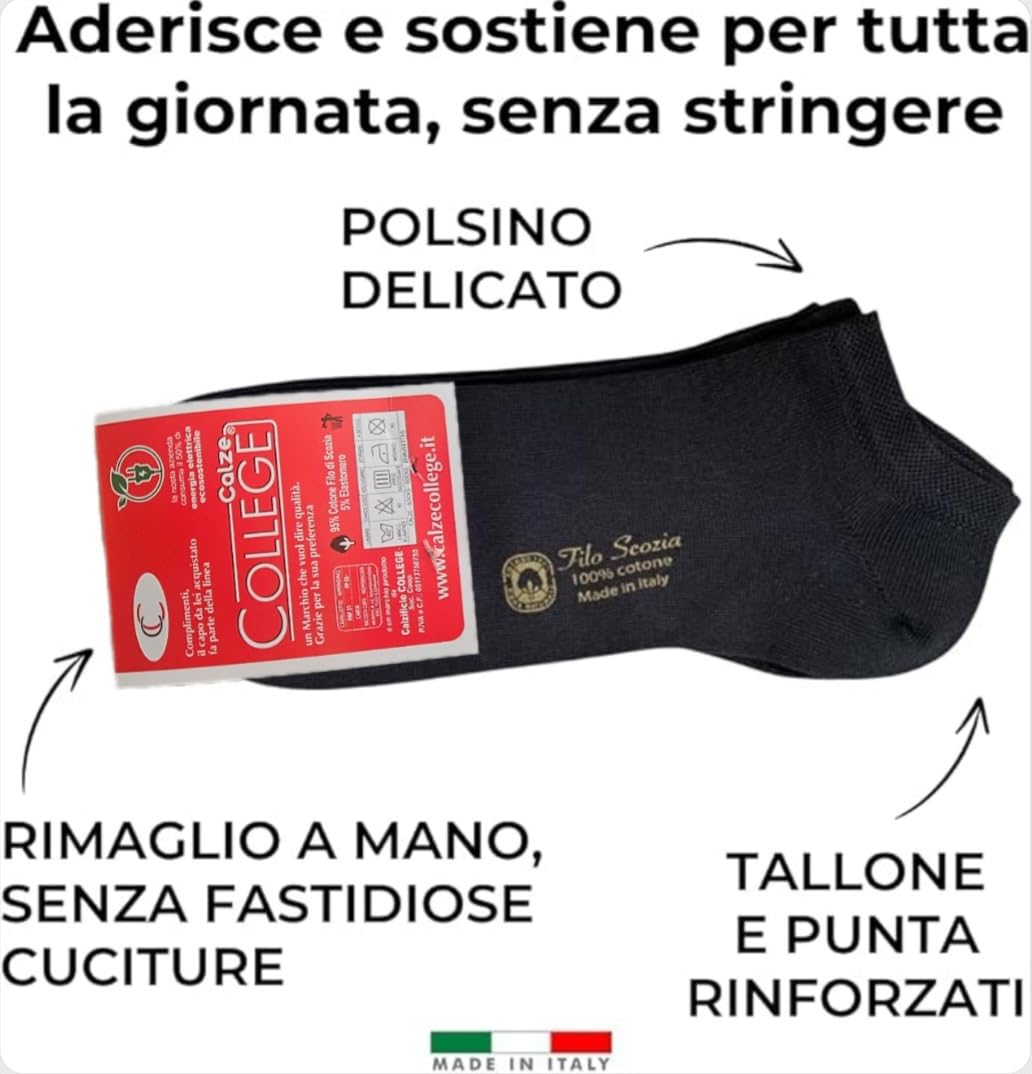 Calcetines invisibles College, 12 pares, De Algodón Puro Hilo De Escocia Elástico, materiales de primera calidad, fabricados en Italia.
