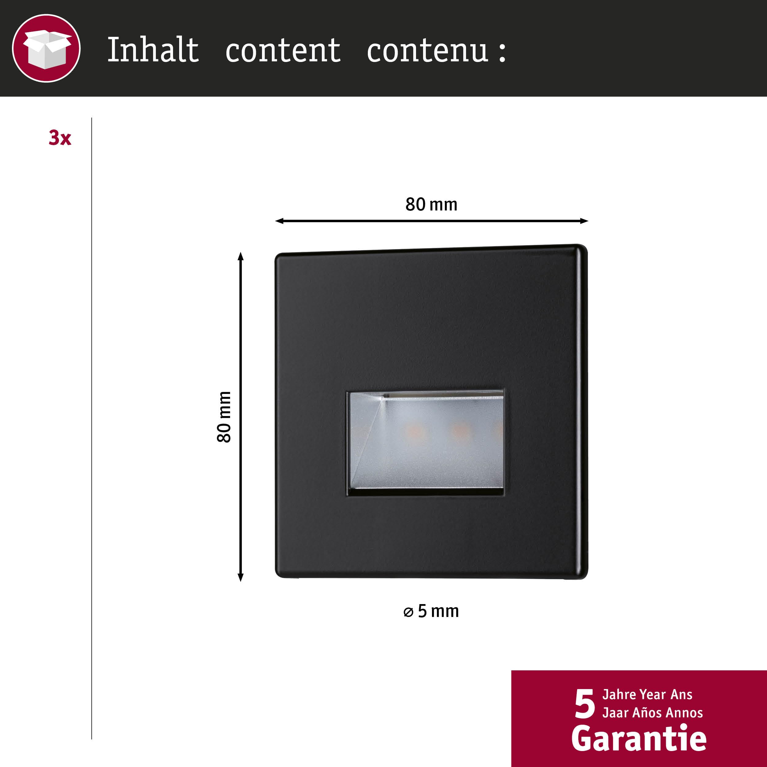 Paulmann 5223 Set LED Wandeinbauleuchte Edge 3er-Set eckig 80x5 mm 3x1,2W 3x50lm 230V 2700K Schwarz matt