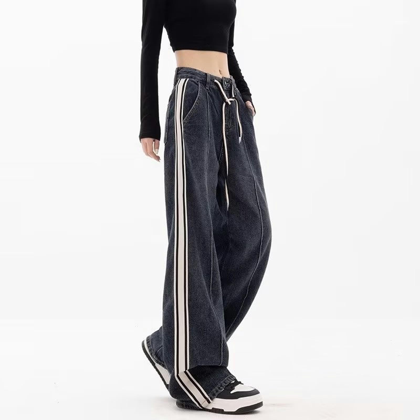 Vaqueros Retro Rectos con cordón de Talla Grande para Mujer en Primavera y Verano para Pantalones Anchos de Pierna Ancha a Rayas, Rectos, Sueltos, Lavados Oscuros, de mm gordos-Azul Gris-M