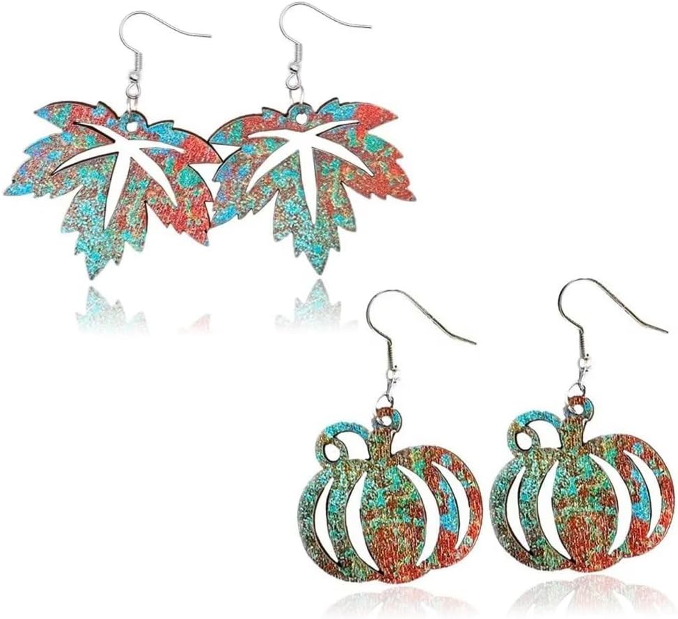 Thanksgiving Fall Pumpkin Leopard Print Acrylic Wooden Dangle Drop Earrings Handmade Lightweight Fall Glitter Pumpkin Earrings Autumn Jewelry for Women