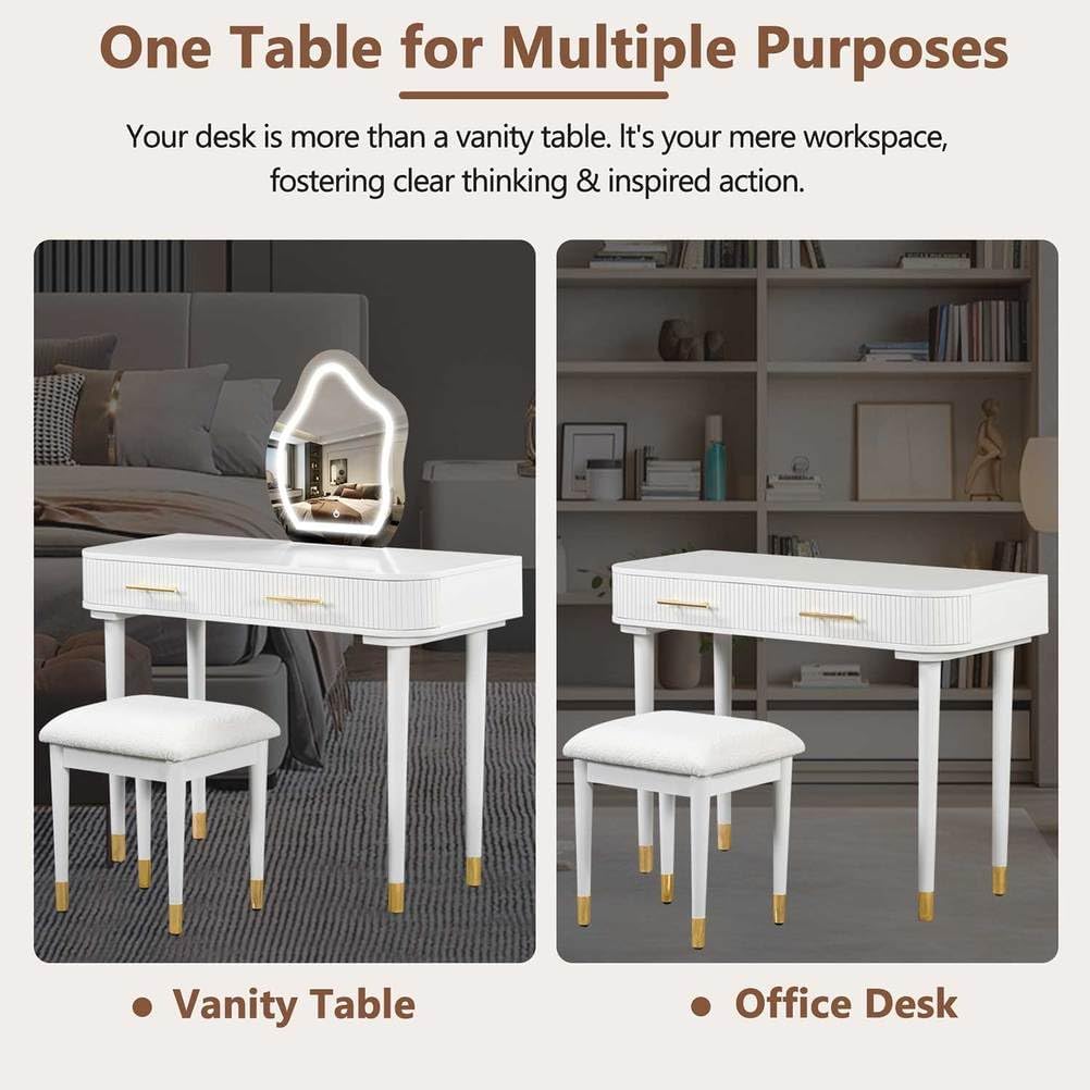 White Vanity Desk with Mirror and Lights,Modern Fluted Makeup Table 2 Large Drawers Stools Bedroom Dressing for Women Girls