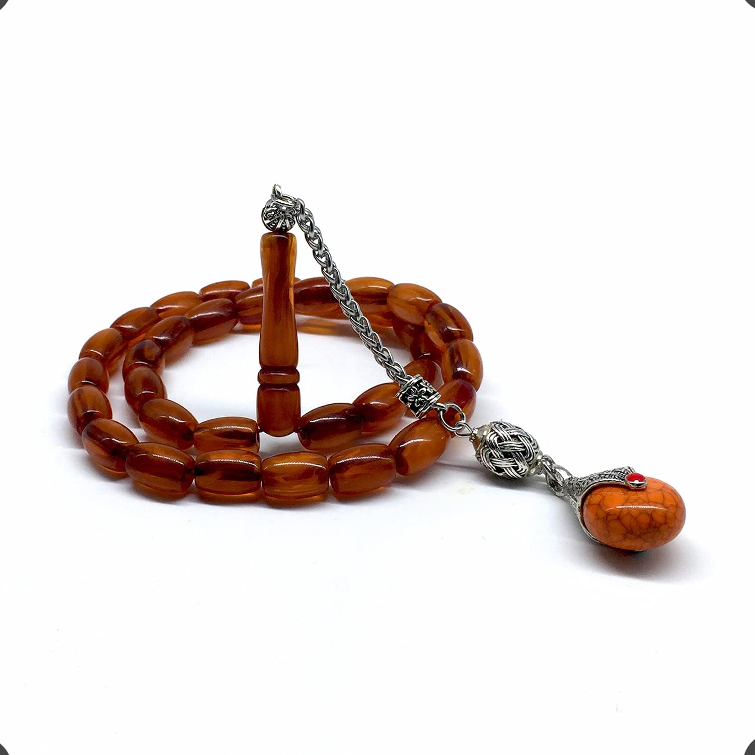 -FIRE Amber Collection- Prayer Beads-Worry Beads-Tesbih-Tasbih-Misbaha-Masbaha-Rosary (Dark Yellow Wavy Transparent -11x8 mm-33- Bakelite Beads)