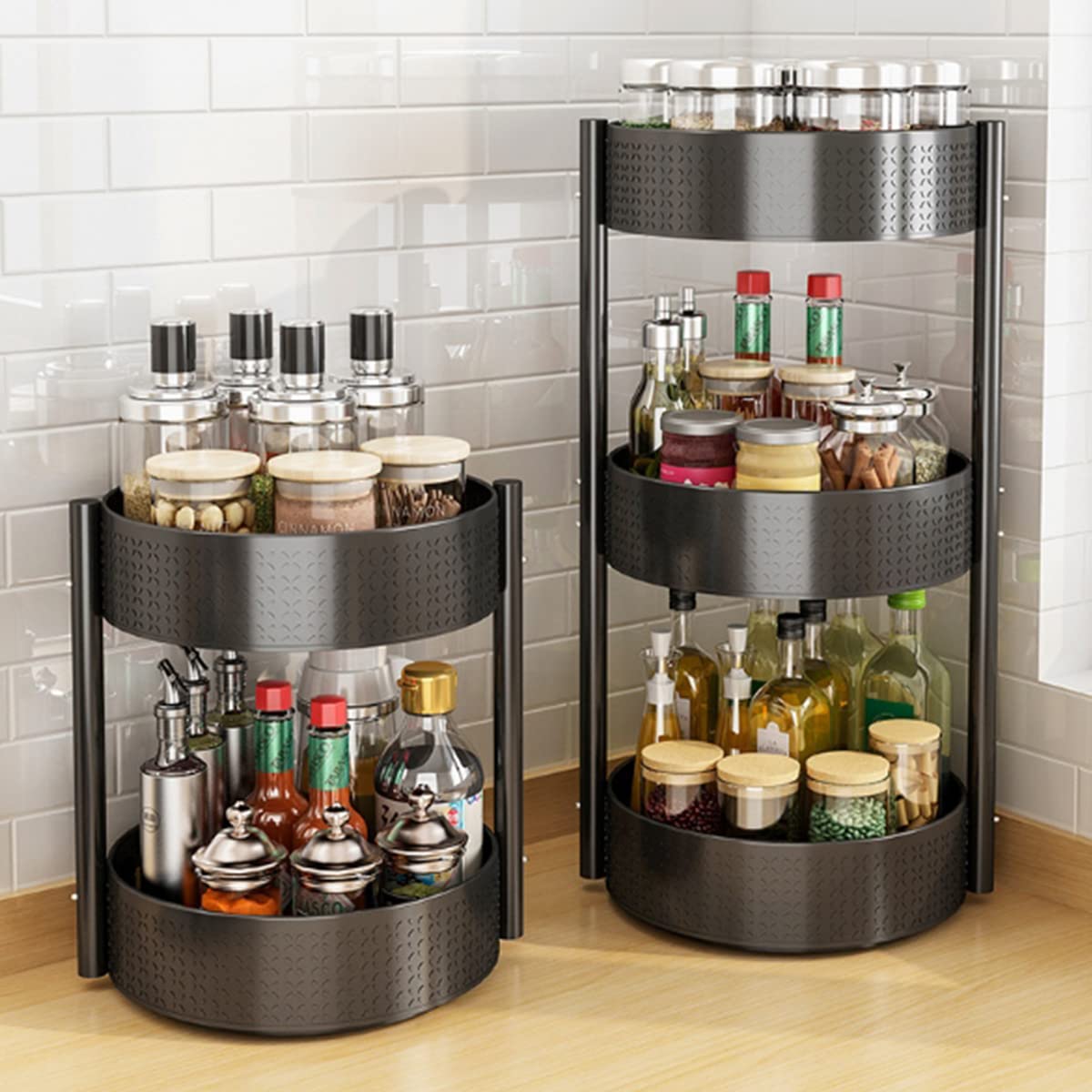 Gewürzregal Schwarz Drehteller Gewürzständer aus Kohlenstoffstahl Küche Gewürz Organizer Drehbar Gewürzrondell für Gewürzgläser, Kräuter und Würzflasche (3 Etagen)