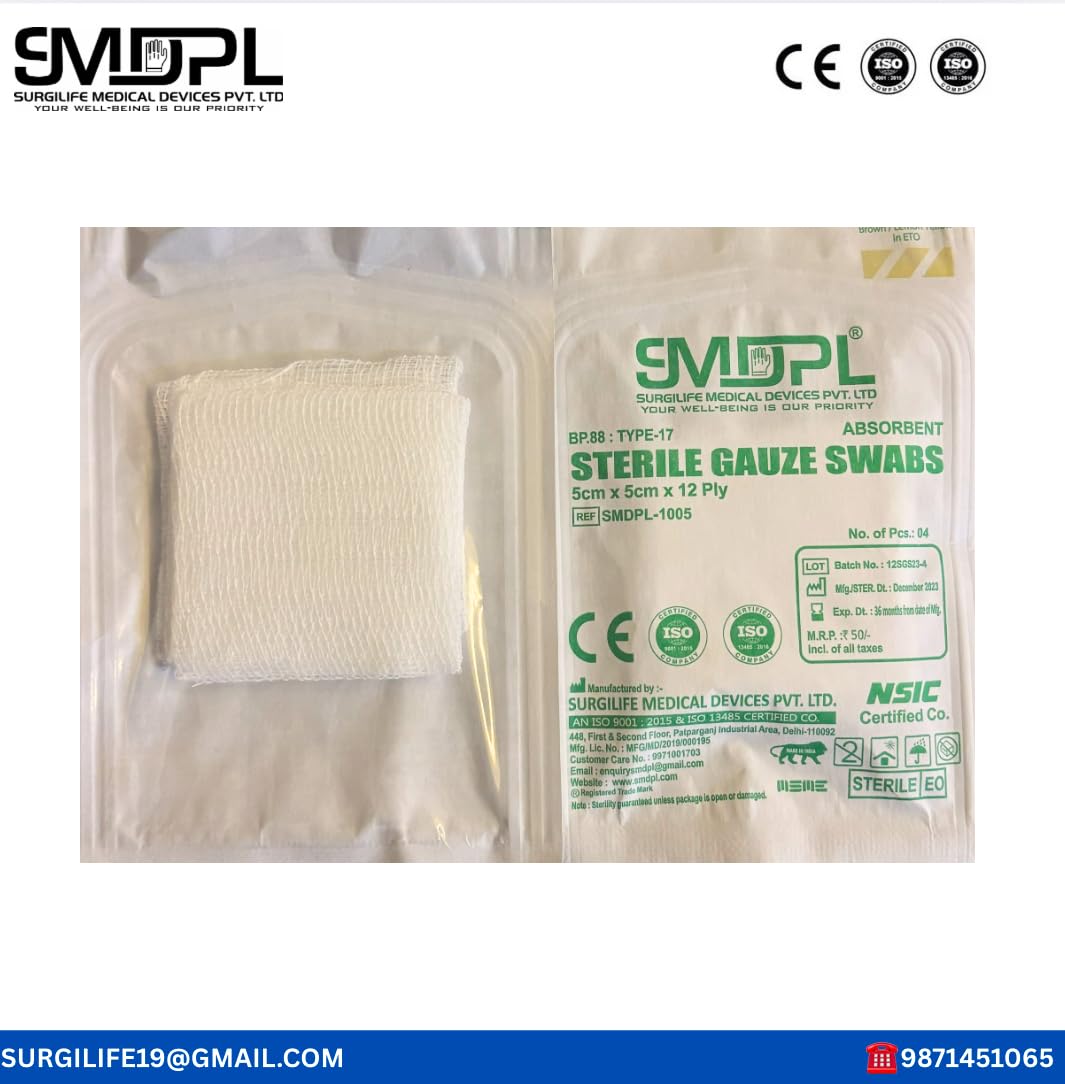 SMDPL Sterile Gauze Swabs, 5 cm x 5 cm, 12 Ply, Medical Grade SMDPL Sterile Gauze Swabs, 5 cm x 5 cm, 12 Ply, Medical Grade