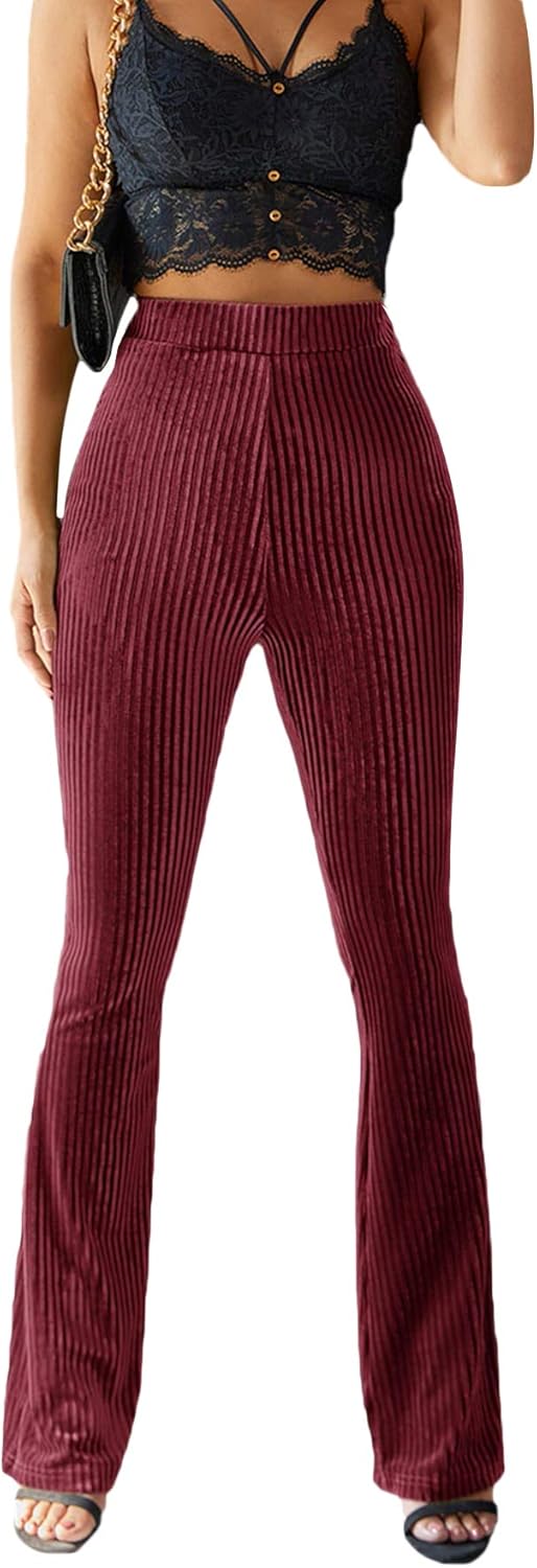 Floerns Women's Velvet Elastic Waist Flare Leg Palazzo Long Pants Trousers