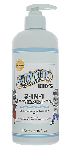 Suavecito Champú, acondicionador y gel de baño 3 en 1 para niños, aroma a leche y miel, botella con bomba de 16 onzas  Fórmula clínicamente probada