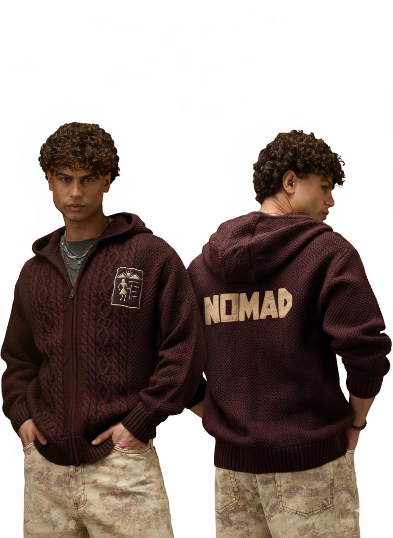Nomad: Horizon Men and Boys Full Sleeves Hooded Neck Burgundy Textured Embroidered Acrylic Artisanal Patchwork Hooded Oversized Pullovers-image-40