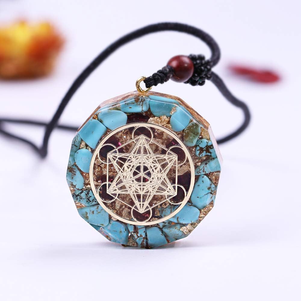 Orgone Metatron Cube Makaba Pendant Necklace Om Crystal Stone Orgonite Pendant Orgonite Chakra Necklace for EMF Protection (Blue, Chain Adjustable)