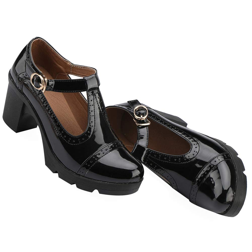 ANUFER Mujer Medio Tacón Grueso Mary Janes Brogue Bombas | Correa en T Ajustable, Cuero Sintético, Uniforme Oficina Zapatos de Vestir