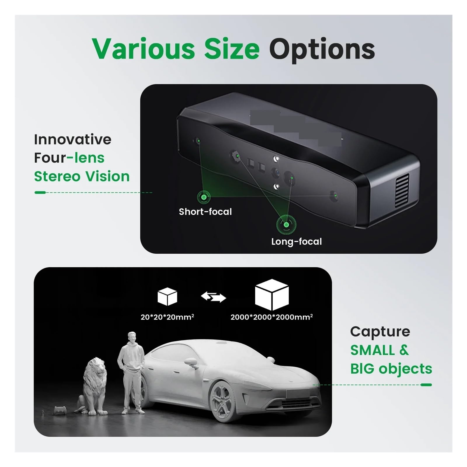 Scanner 3D portable Otter Lite haute précision 0,05 mm, sans fil, compatible toutes tailles, vitesse de numérisation jusqu'à 30 images/seconde