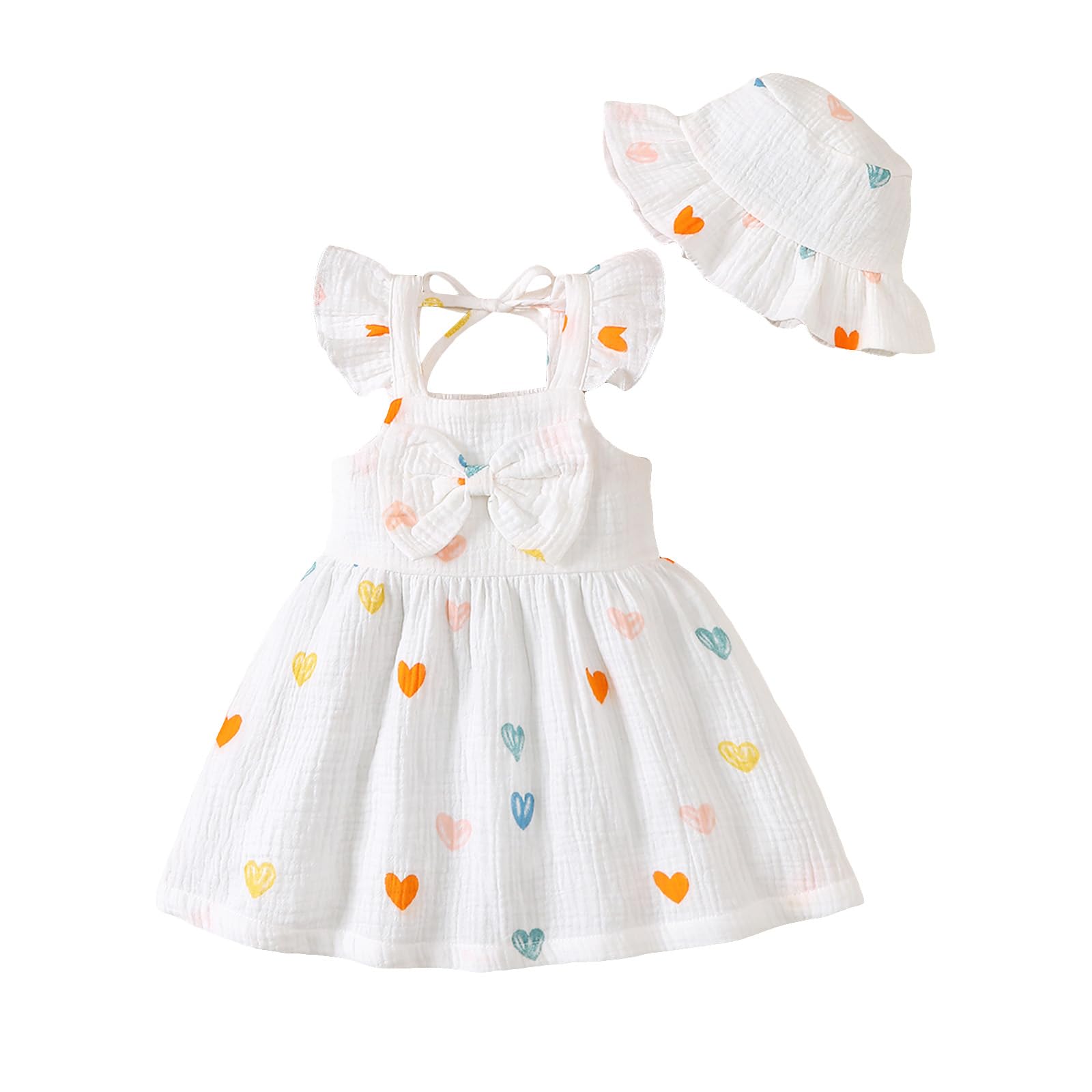 Conjunto Vestido y Gorro para Niña Pequeña Mangas con Volantes Estampado de Corazones/Flores de Algodón Lino Ropa de Primavera Verano — view 8