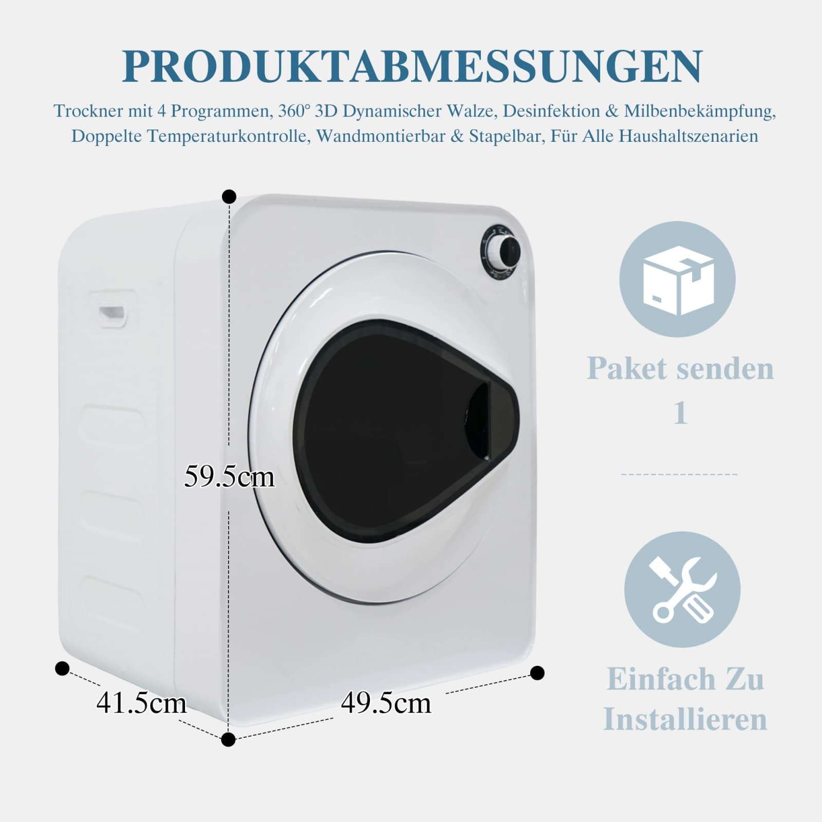 Sèche-linge 4kg PTC céramique tambour inox 4 programmes montage mural compact tumble dryer Blanc
