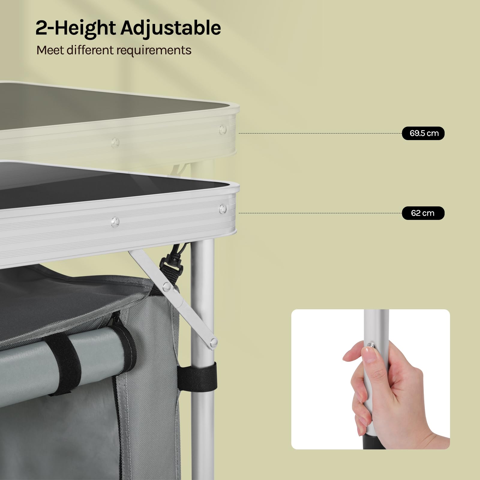 WOLTU faltbar Campingschrank Alu Campingtisch Höhenverstellbar mit Stauraum, Outdoor Campingmöbel Klapptisch Gartentisch für Picknick Strand im Freien, Schwarz+Grau