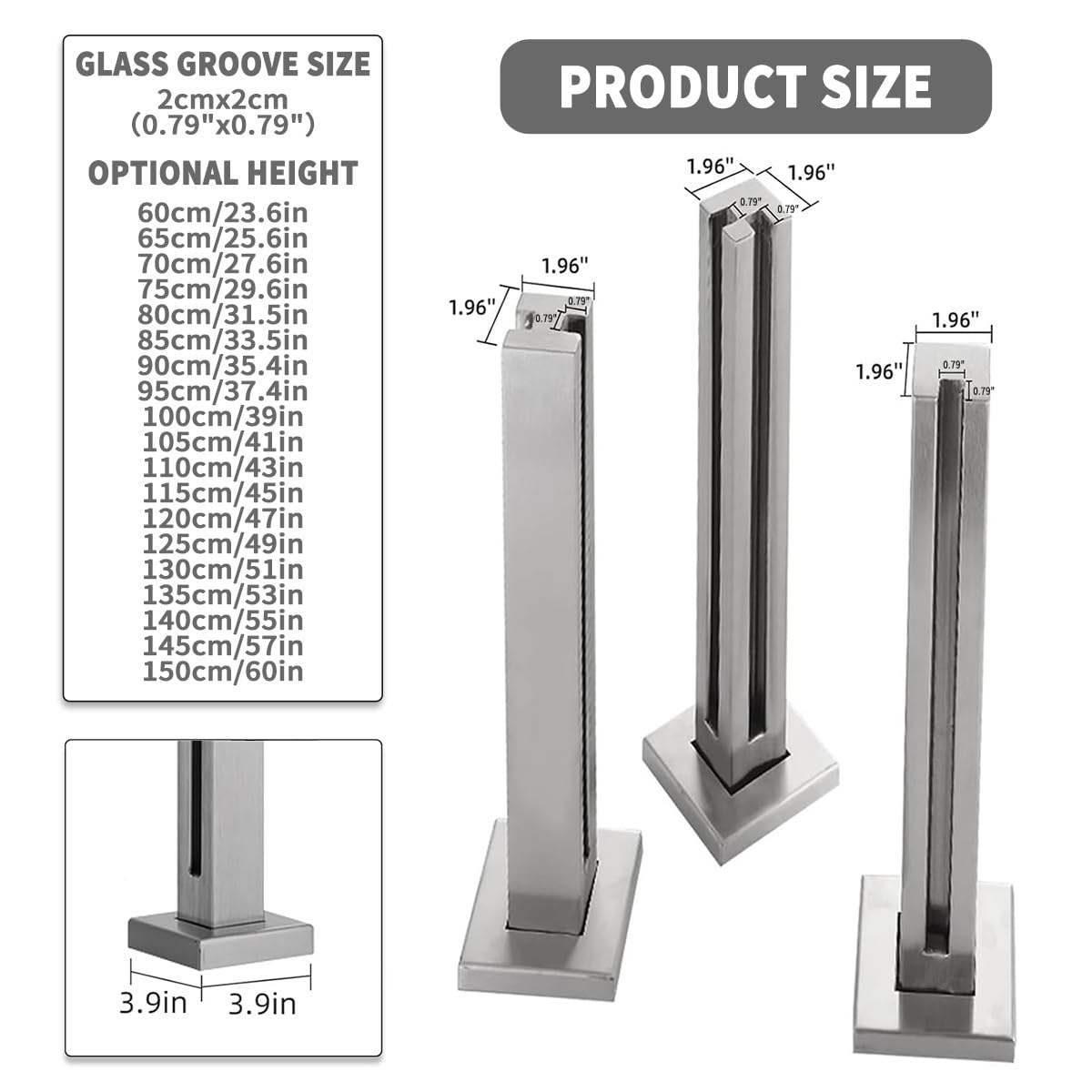 Generisch 304 Edelstahl-Glas-Balustradenpfosten - Poolzaun- und Geländersystem für Treppen, Balkone, Terrassen, Patios - 60-150 cm verstellbare Höhe, silberner Endpfosten (80 cm/31,5 Zoll)