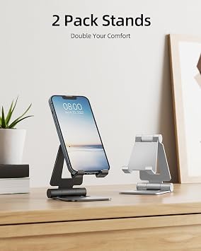 Nulaxy 2 Pack Aluminum Dual Folding Cell Phone Stand for Desk, Black&Silver