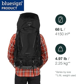 Osprey Kestrel 68L Men's Backpacking Backpack, Black, S/M