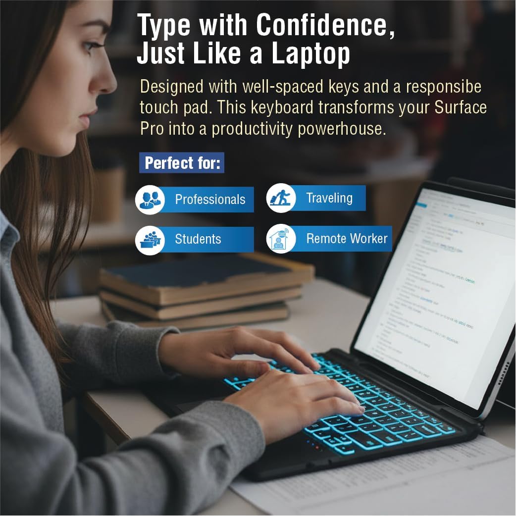 Surface Pro 11/10/9/8/X Keyboard with Trackpad – Wireless Bluetooth Type Cover, 7 Color Backlit Keys, Ultra Slim Magnetic Design, USB-C Rechargeable with Pen Holder