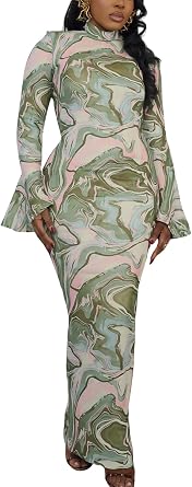 Women Sexy Long Sleeve Maxi Dress Mock Neck Mesh Print Bodycon Y2K Dress Elegant Cocktail Night Out Club Dresses