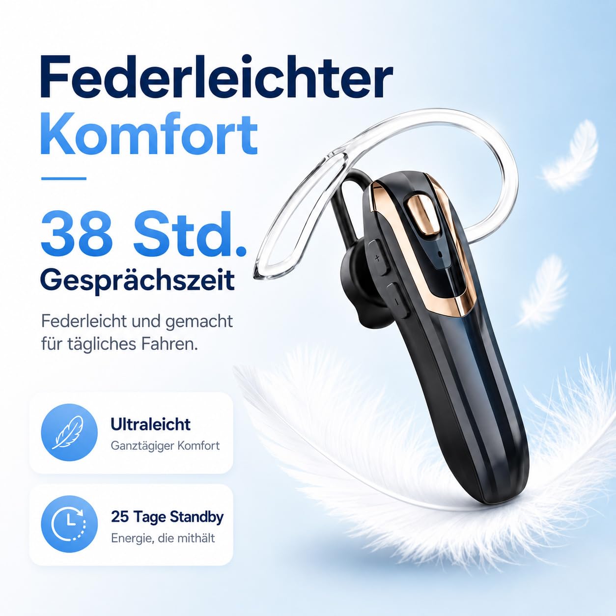 Micool Cuffie Bluetooth V6.0 con cancellazione del rumore AI & 38 ore di conversazione – Auricolari singoli, doppio accoppiamento, auricolare Bluetooth leggero per guida/ufficio/magazzino (nero/oro)