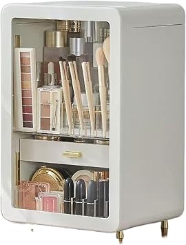 Makeup Organizer Solid Wood Makeup Storage Box Cabinet with Doors and Drawers, Cosmetics Storage Display Rack for Bedroom Dressing, Dustproof & Suitable for Bathroom Countertop