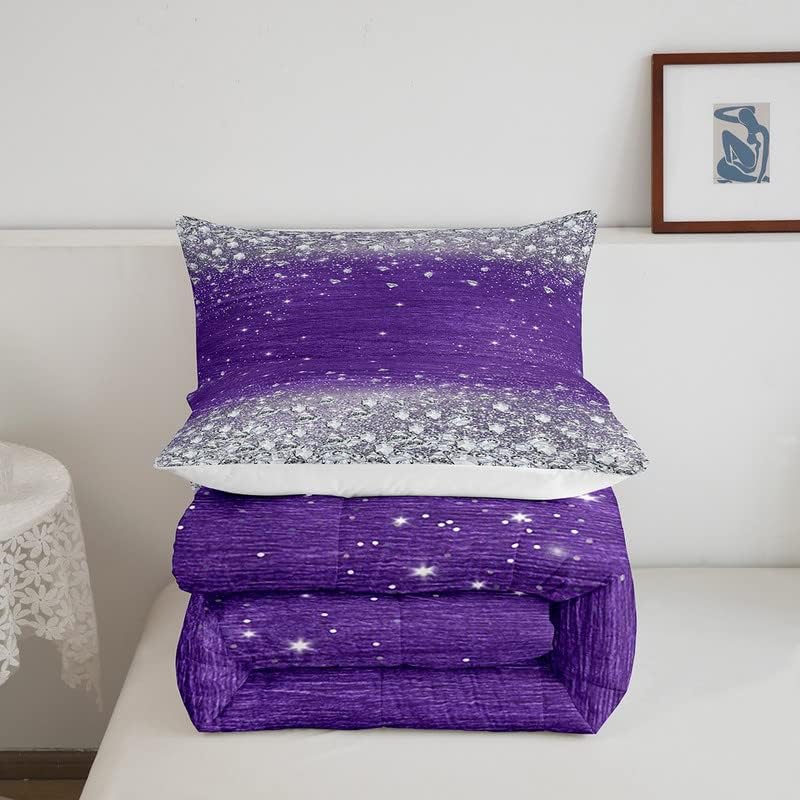 Miniatura 5 de Feelyou Juego de edredón brillante con estampado de purpurina (sin purpurina) con diamantes brillantes y degradados, color morado y plateado para