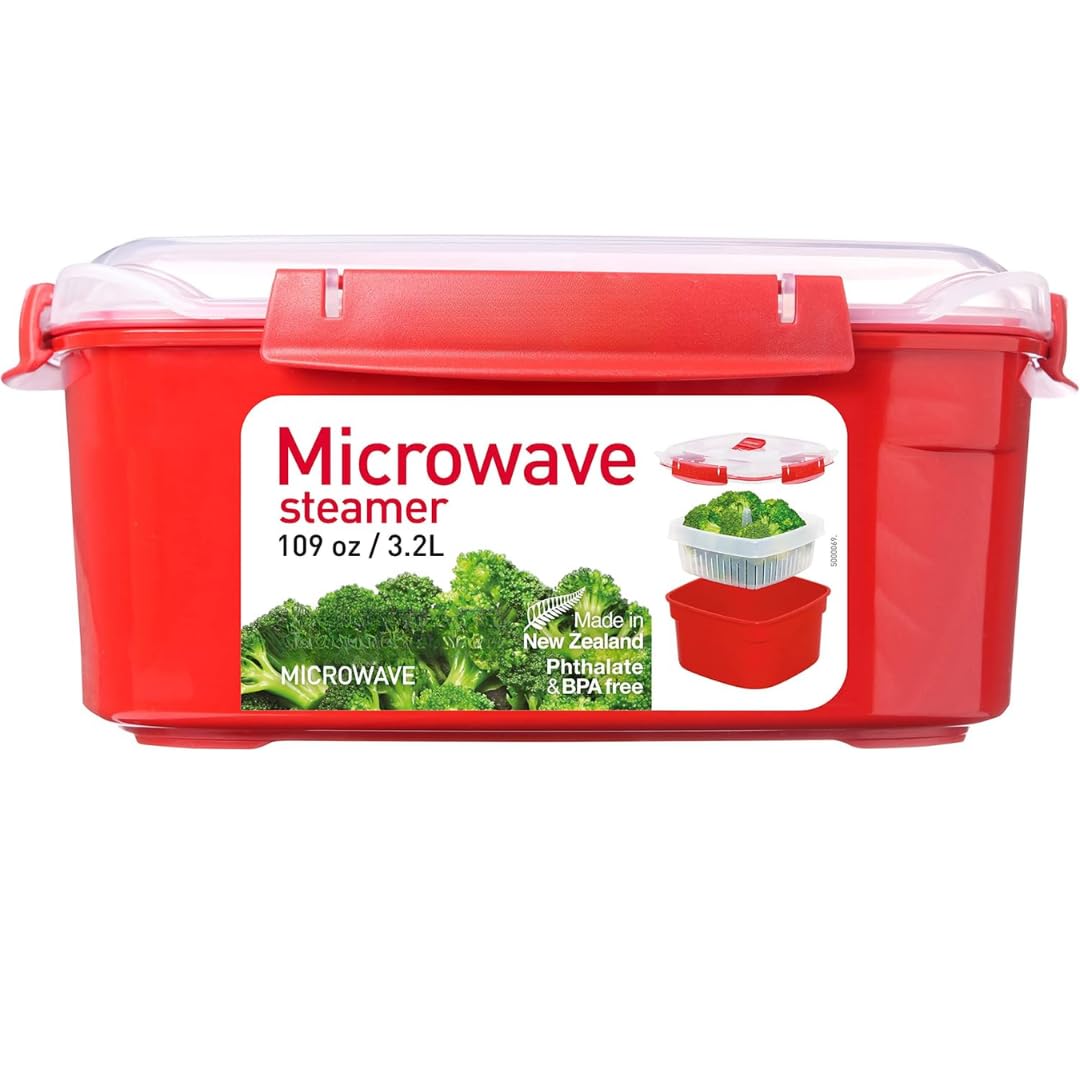 DTD QUALITY MATTERS Microwave Food Steamer Removable Basket 3.2 L Red/Clear BPA Free Dishwasher, Freezer & Microwave Safe Steam Vent for Hassle-Free Cooking