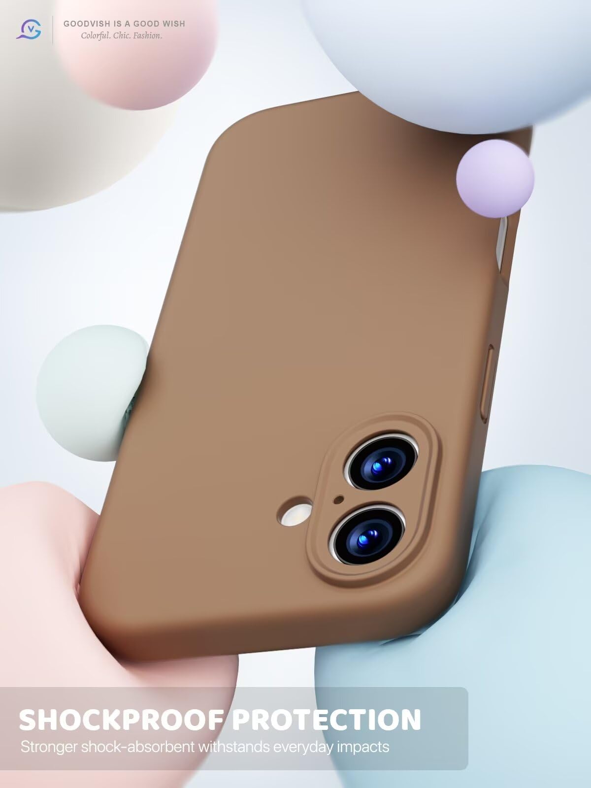 GOODVISH 3 in 1 Silicone Cover per iPhone 16 6.1", Custodia con 2 Pellicola Vetro Temperato [Protezione Fotocamera] 360° Protezione Anticaduta Case per Cellulare Antiurto Resistente, Cachi