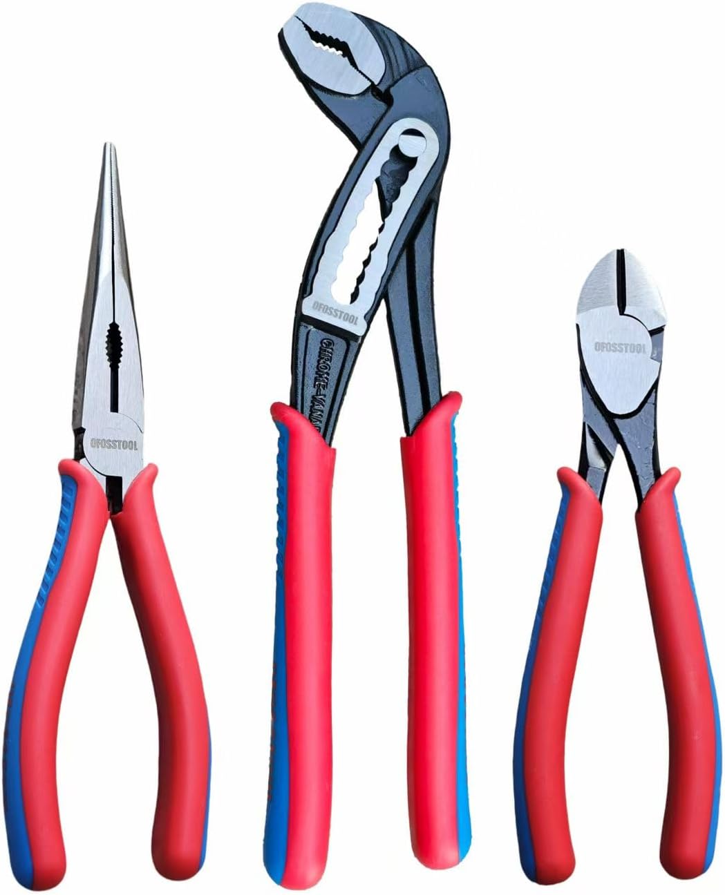 OFOSSTOOL 3PC Pliers Set ，Pliers Tool Set Including（7 "diagonal- pliers, 10" long Nose plier, 10 "Push lock pump plier） for Plumbing, Automotive，DIY and home