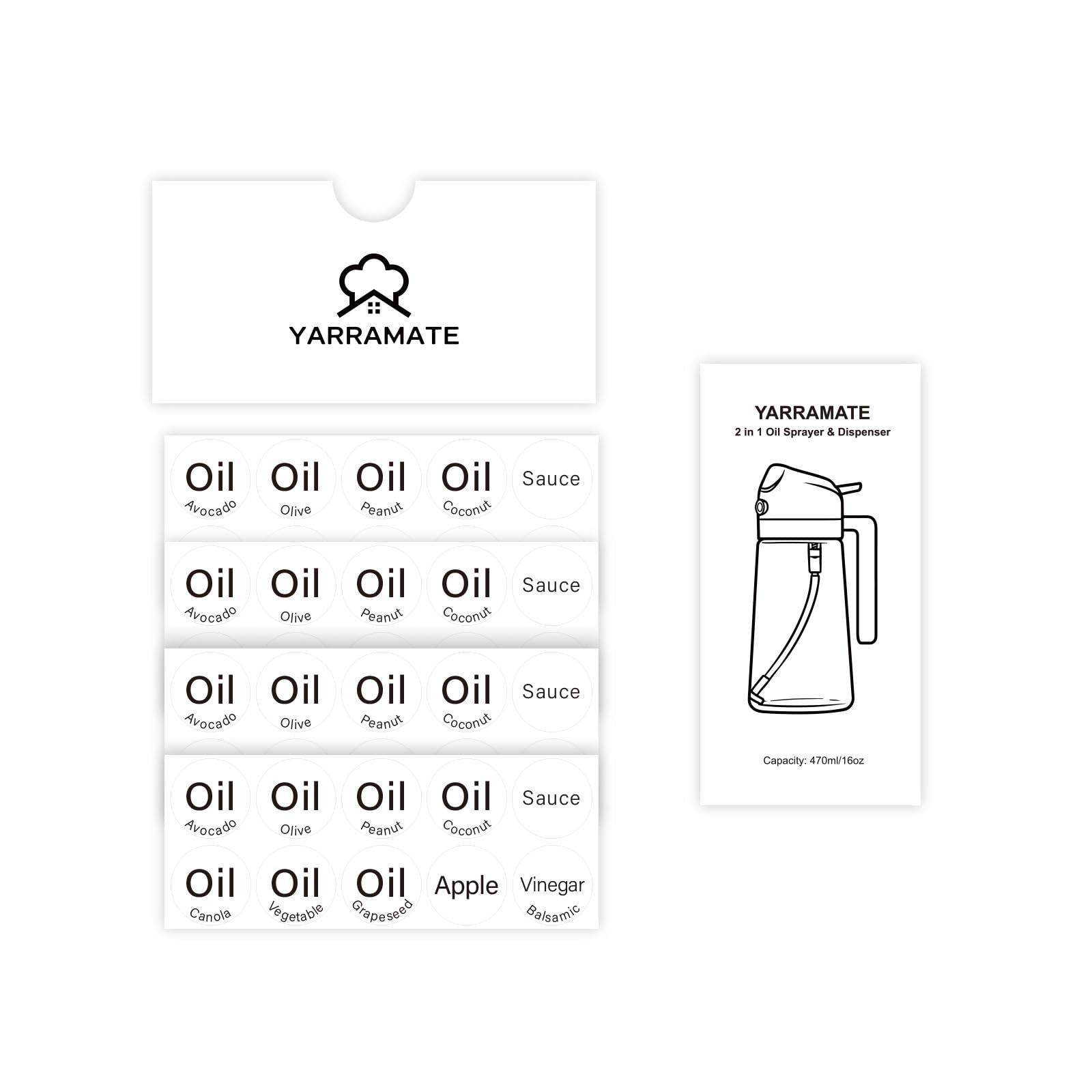 40 etiquetas para dispensador de aceite y guía de instalación para botellas pulverizadoras de aceite, calcomanías para aceite de oliva, aceite de aguacate, salsa y más